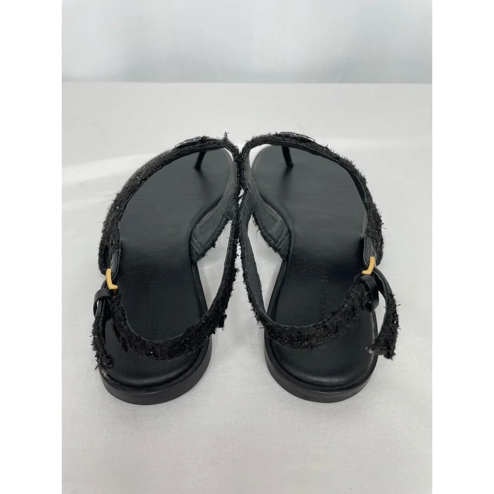 Tory Burch Miller Tweed Slingback Sandals Womens 9.5 Black Excellent Thong Flat